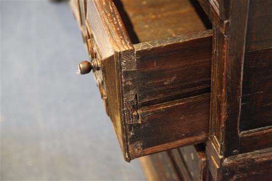 A late 17th century mother of pearl inlaid oak chest, W.3ft 2.5in. D.1ft 9in. H.3ft 1in.